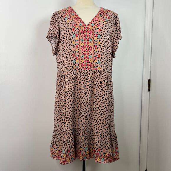 Savanna Jane Animal Print Embroidered Boho Shirt Dress Ruffle Hem Casual Size 1X - Picture 5 of 16